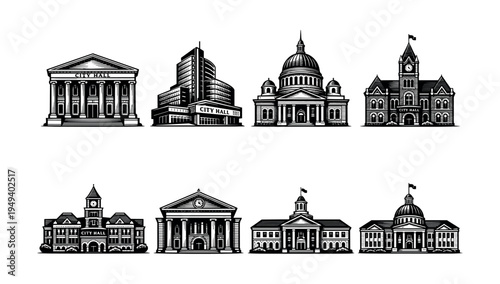 Collection of city hall building illustrations in black and white vector silhouette style