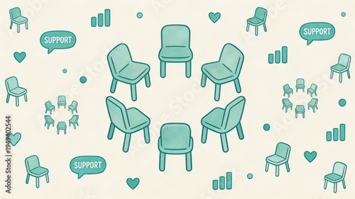 A collaborative environment depicted through whimsical turquoise chairs arranged in a supportive circle surrounded by symbols of growth illustrating solidarity and connection