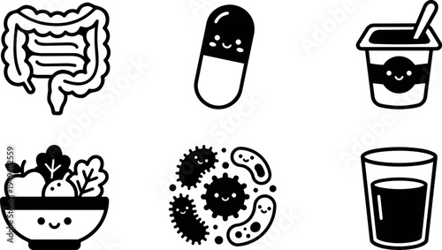 Smiling cartoon probiotic capsule yogurt bowl glass of juice healthy gut bacteria illustration minimalist vector art