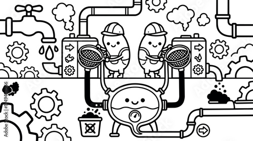 Cute cartoon style factory workers inspecting pipes with sieves in a whimsical industrial setting with gears and steam