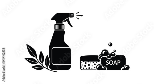 A black silhouette depicts a spray bottle soap bubbles and leaves illustrating cleaning products and hygiene silhouette high quality professional