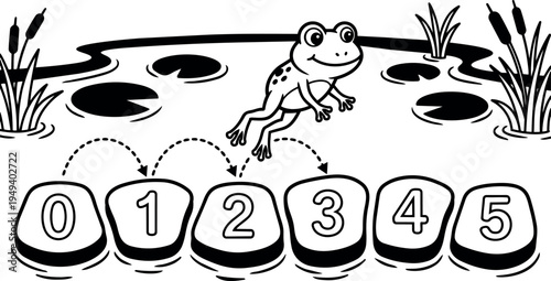 Black and white cartoon style frog jumping between numbered lily pads from zero to five on pond with cattails