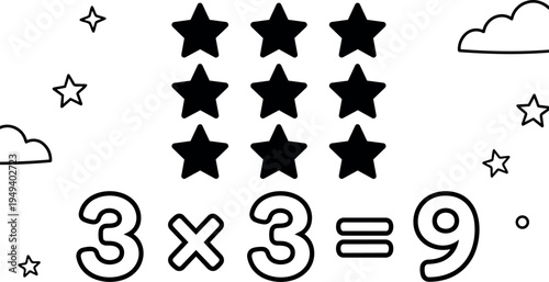 Black star shapes arranged in three rows multiplication concept math teaching aid vector illustration simple design