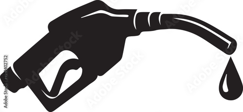 A black and white vector illustration of a gasoline pump nozzle with a single hanging fuel drop illustration