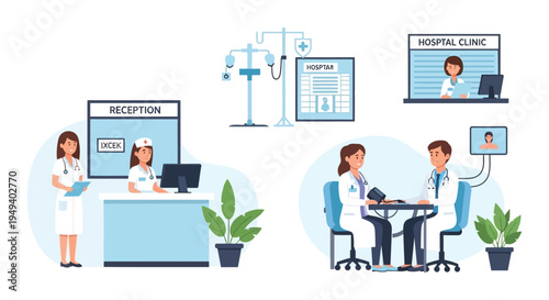 A colorful illustration depicts a busy hospital reception and clinic setting with medical staff and patients silhouette high quality professional detailed