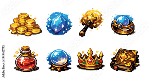 Magical treasures and artifacts arranged on dark gradient background