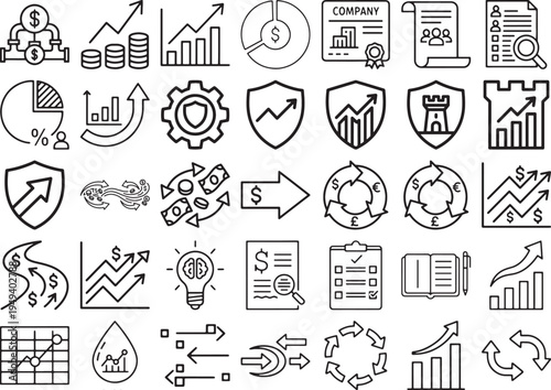 Financial Flow and Corporate Management Line Icon Set