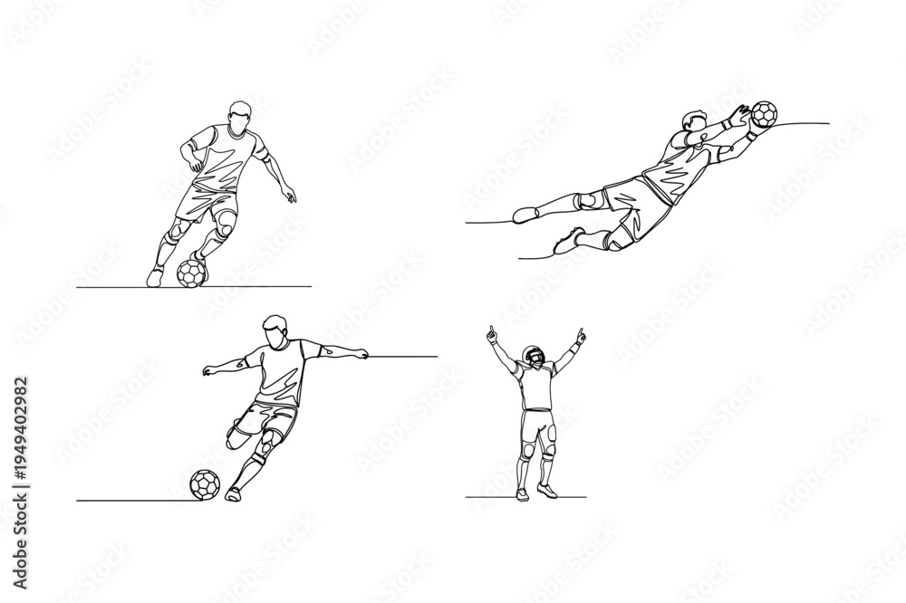 Fototapeta premium Soccer Player Line Art Collection – Football Athlete Action Poses Outline Vector Set