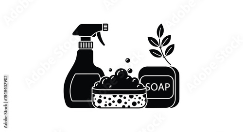 A minimalist black design featuring cleaning spray soap bubbles and leaves in a bold silhouette high quality professional detailed modern elegant