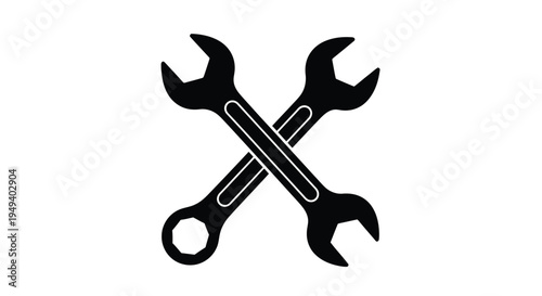 Two crossed wrenches depicted in a stark black silhouette