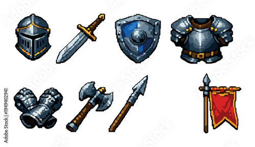 Medieval weapons and armor icons arranged on neutral background
