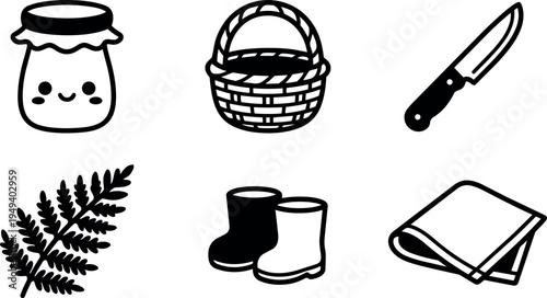 Cute smiling jam jar basket knife fern leaf rubber boots and folded cloth simple black line icons collection