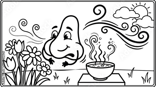 Cartoon nose character smelling aromatic steam rising from hot bowl on sunny landscape with flowers and swirling wind lines