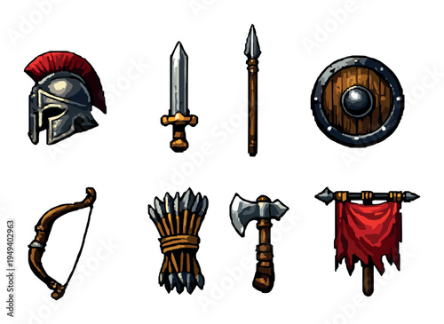 Ancient weapons and gear icons arranged on gray background