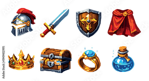 Royal and knight items arranged in two rows on dark backdrop
