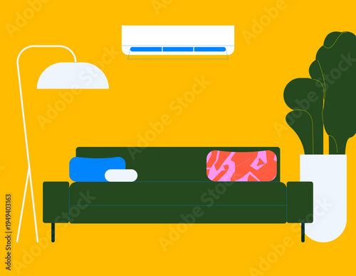 Wall-mounted split system air conditioner blowing cool air over a couch in a modern living room. Concept of home cooling, climate control, comfort, and energy-efficient air conditioning.