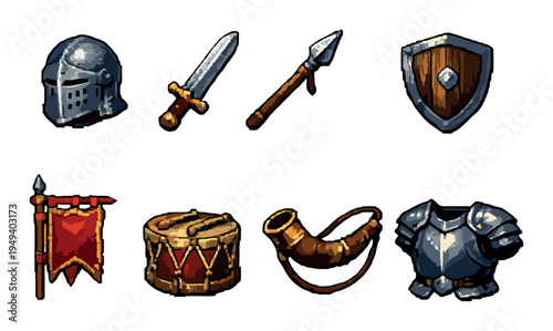 Medieval weapons and armor displayed on neutral backdrop