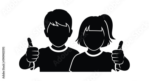 Two children giving thumbs up a striking black silhouette