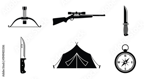 A collection of hunting and survival tools including a tent and compass depicted in black silhouette high quality professional detailed modern