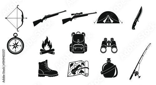 A collection of black silhouettes depicting camping and hunting equipment against a white background silhouette high quality professional detailed modern elegant