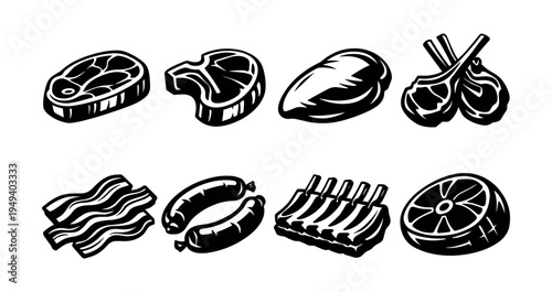 Black and white meat cuts illustration, meat icons set, clipart of steak, ribs, sausages