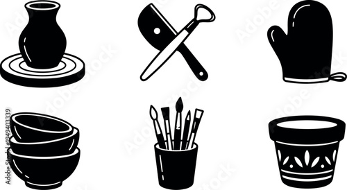 Black and white kitchenware and pottery vector icons including stacked bowls paintbrushes and oven mitt flat design set