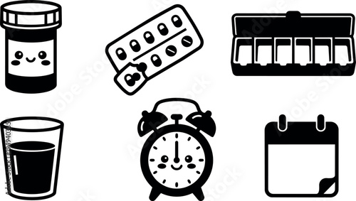 Cute smiling pill bottle alarm clock glass of water medication blister pack weekly pill organizer and calendar icons in vector style