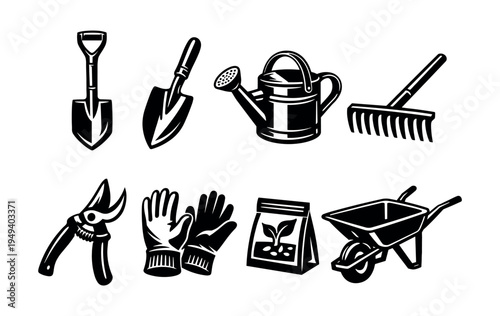 Garden tools vector set including shovel rake watering can gloves black and white silhouette