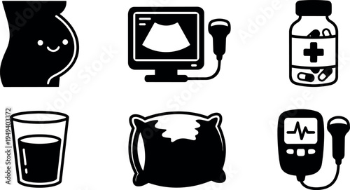 Simple black icons of pregnancy belly ultrasound monitor pill bottle juice glass pillow and heartbeat monitor with sensor in flat vector style