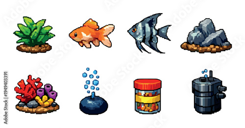 Aquarium supplies and fish arranged on neutral background