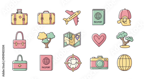 Travel icons suitcase airplane passport heart