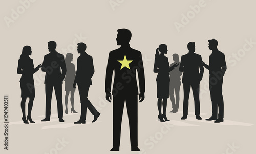 A group of silhouettes of businessmen, one of whom stands out as an outstanding specialist, is a metaphor for talent selection, candidate evaluation, and selection of the best candidate.