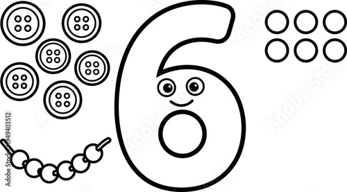 Smiling number six character with button eyes and curved bead smile simple black line art vector illustration