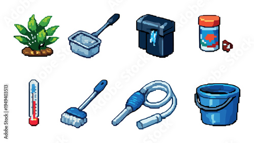 Aquarium maintenance tools and supplies shown on dark backdrop