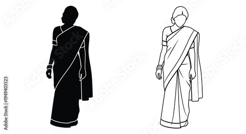 Two indian women one in outline and one as a silhouette