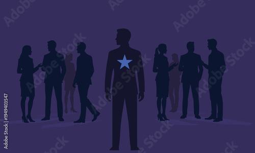 A group of silhouettes of businessmen, one of whom stands out as an outstanding specialist, is a metaphor for talent selection, candidate evaluation, and selection of the best candidate.