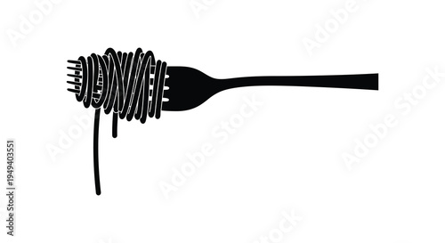 A striking black silhouette depicts a fork with cascading pasta creating a minimalist food illustration silhouette high quality professional detailed modern