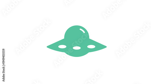 A teal-colored flying saucer illustration, with a rounded top and three bottom windows, isolated on white