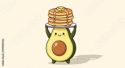 Cute cartoon avocado character holding pancakes.