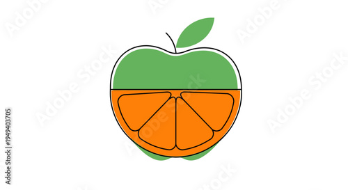 A green apple with orange slice inside.