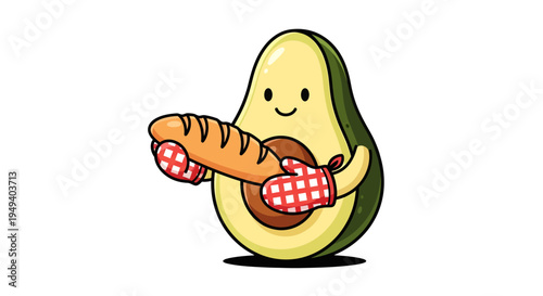 Cartoon avocado character holding bread.