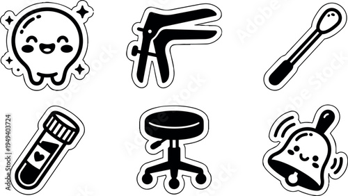 Cute dental tooth smiling icon with sparkles gynecological speculum medical swab test tube office stool and ringing bell vector icons set