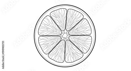 A black and white drawing of a citrus fruit slice.