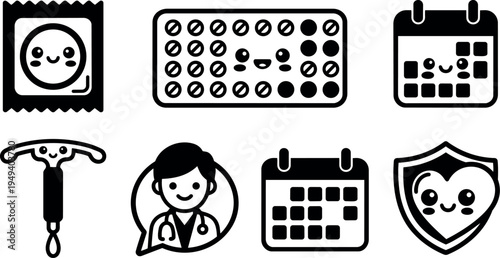 Cute flat design black and white contraception icons including condom pills calendar doctor iud and heart shield protection