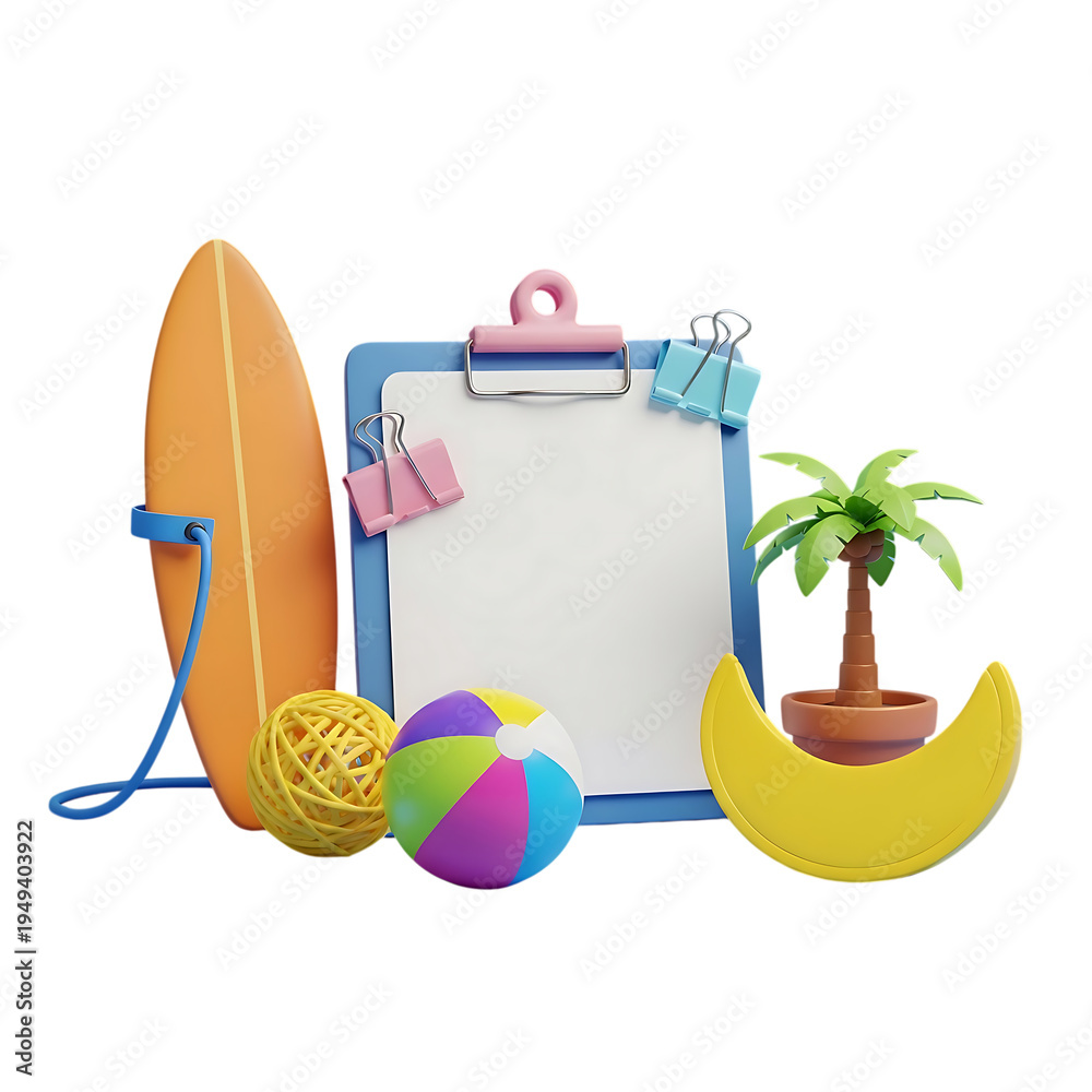 Fototapeta premium A 3d render of a blue clipboard featuring a surfboard a palm tree a beach ball and a crescent moon
