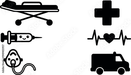 Simple black medical icons set including ambulance stretcher syringe oxygen mask first aid and heart pulse line symbol in vector