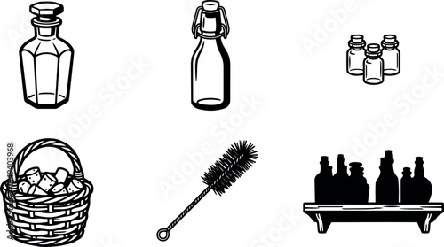 Black and white line art collection of vintage bottles basket with corks and bottle brush on wooden shelf set