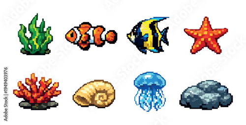 Aquarium icons of tropical fish and reef elements on backdrop