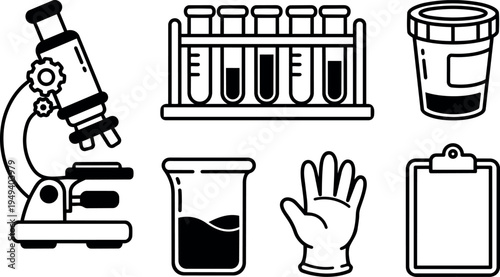 Black and white line art microscope test tubes urine sample container glove and clipboard medical laboratory equipment vector icons