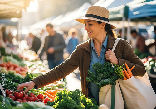 Woman Shopping Fresh Organic Vegetables at Local Farmers Market